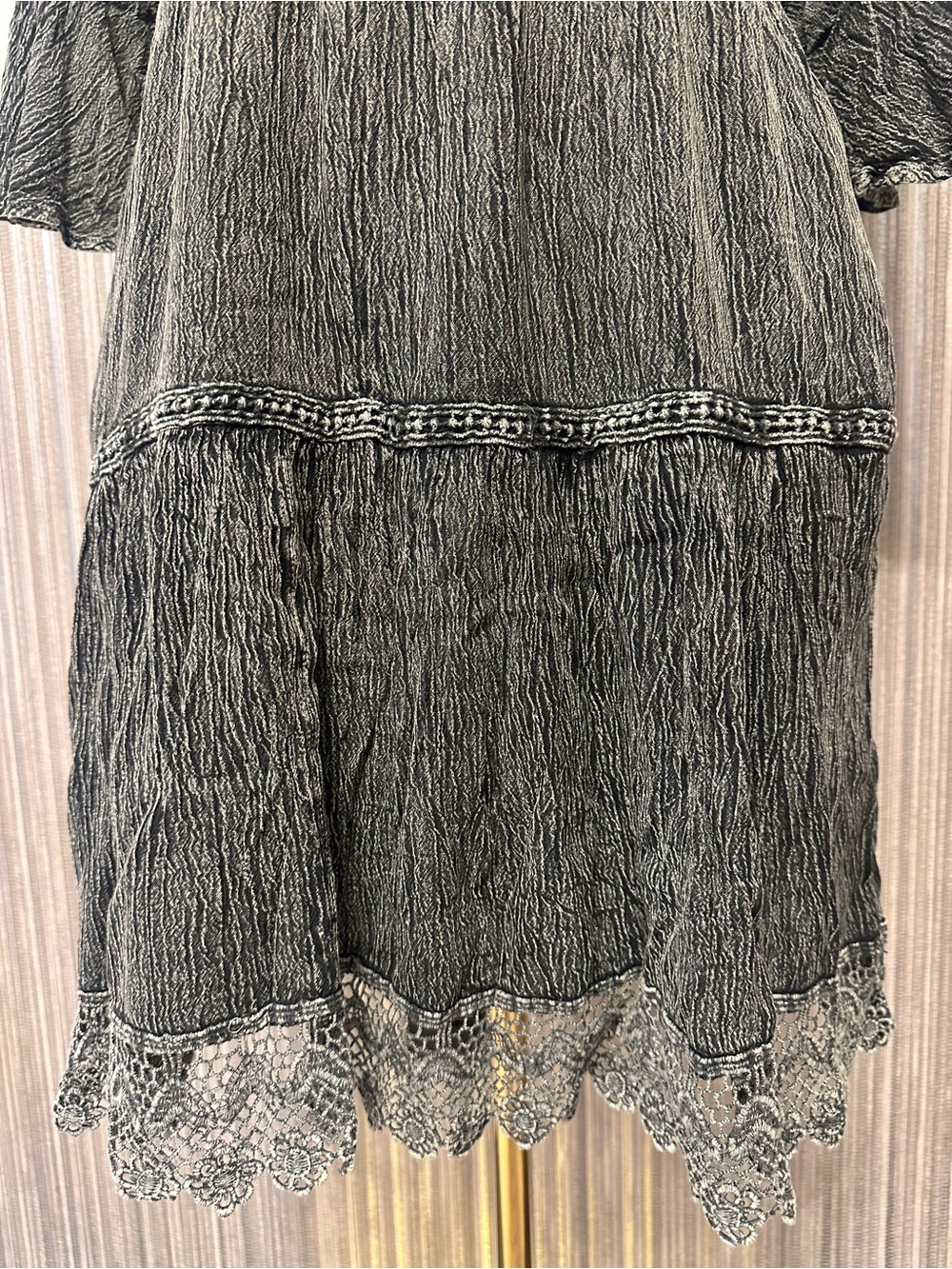 Young Threads Charcoal Embroidered Boho Mini Dress Beaded Lace Hem Small - Picture 2 of 12